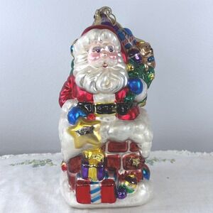 BK 1999 Large Glass Santa on Chimney Christmas Ornament Hand Painted NO BOX